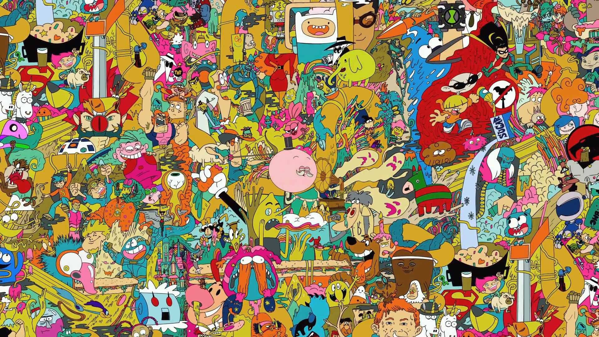 Cartoon Characters Interacting Kidcore Desktop Wallpaper