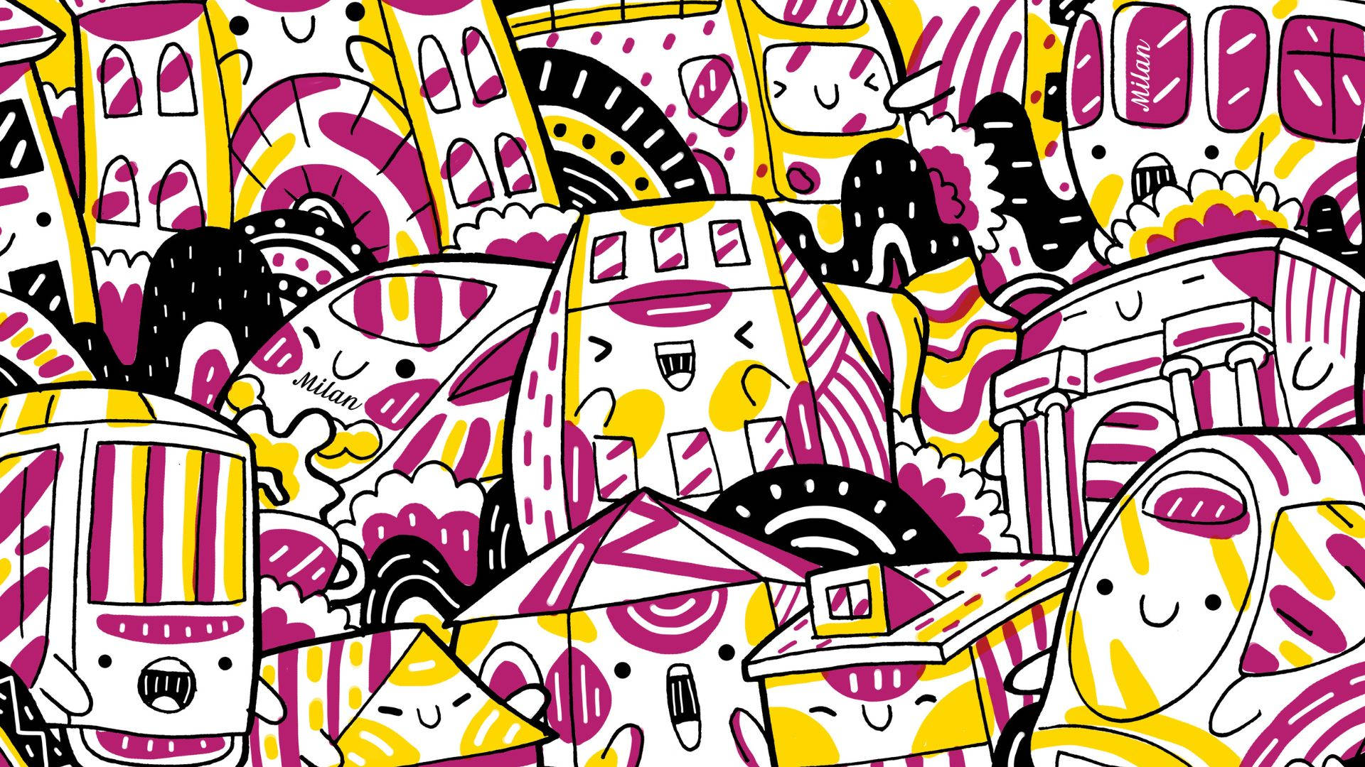 A Colorful Drawing Of A City With Buildings Wallpaper