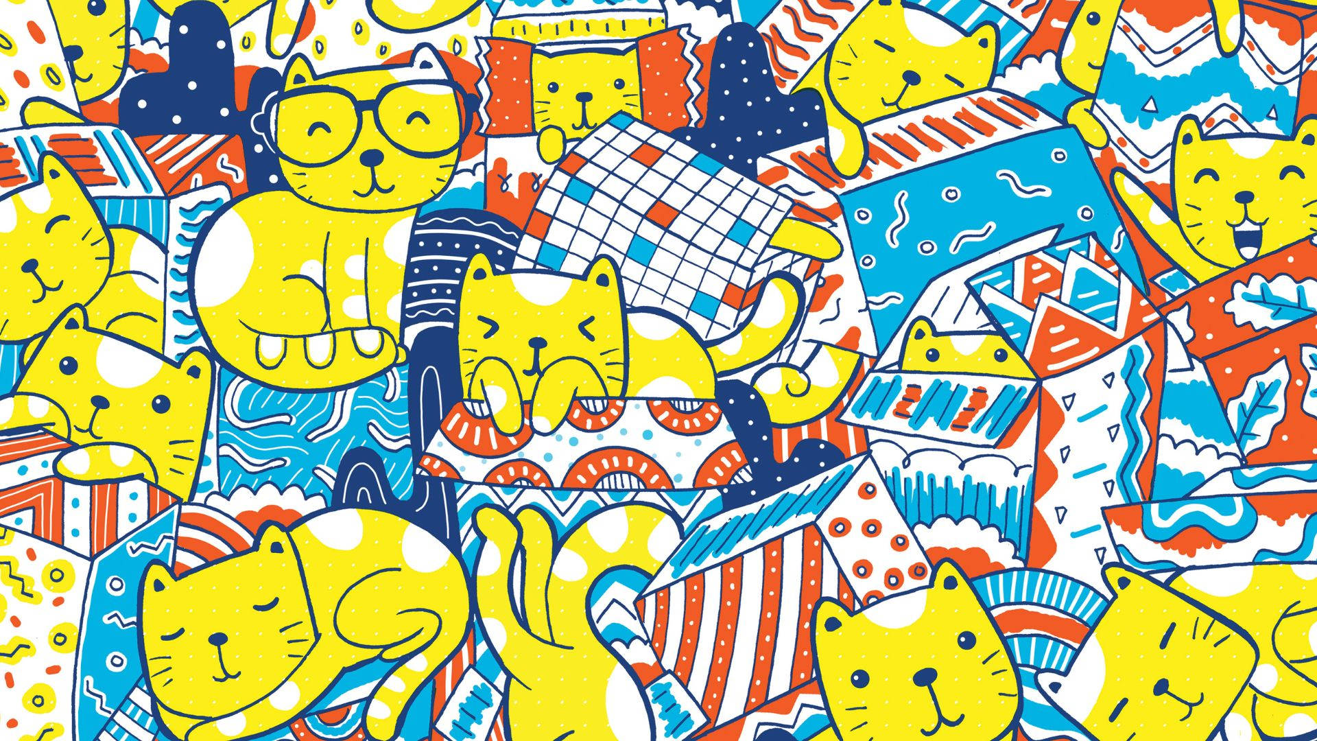 Yellow Cats In Boxes Kidcore Desktop Wallpaper