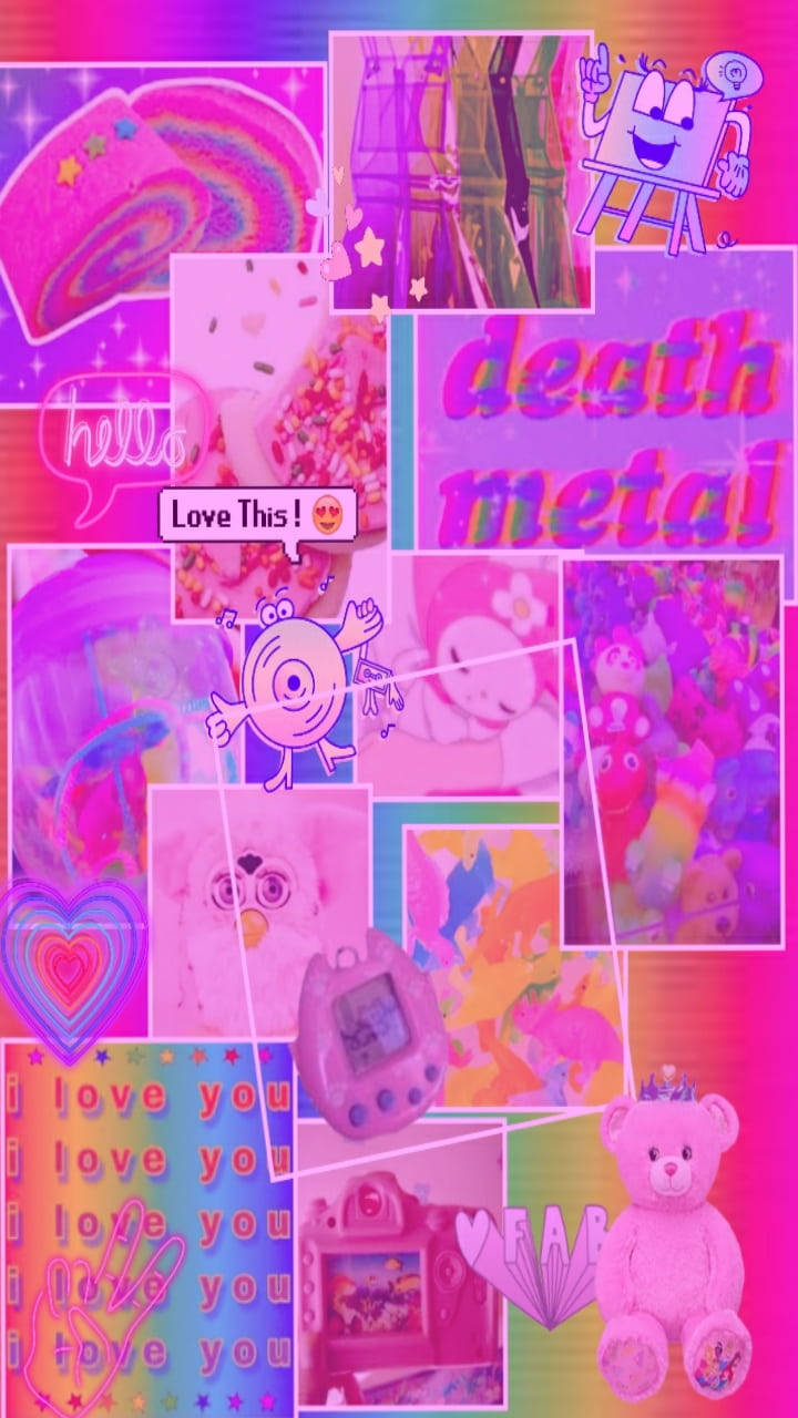 Kidcore Pink Rainbow Collage Wallpaper