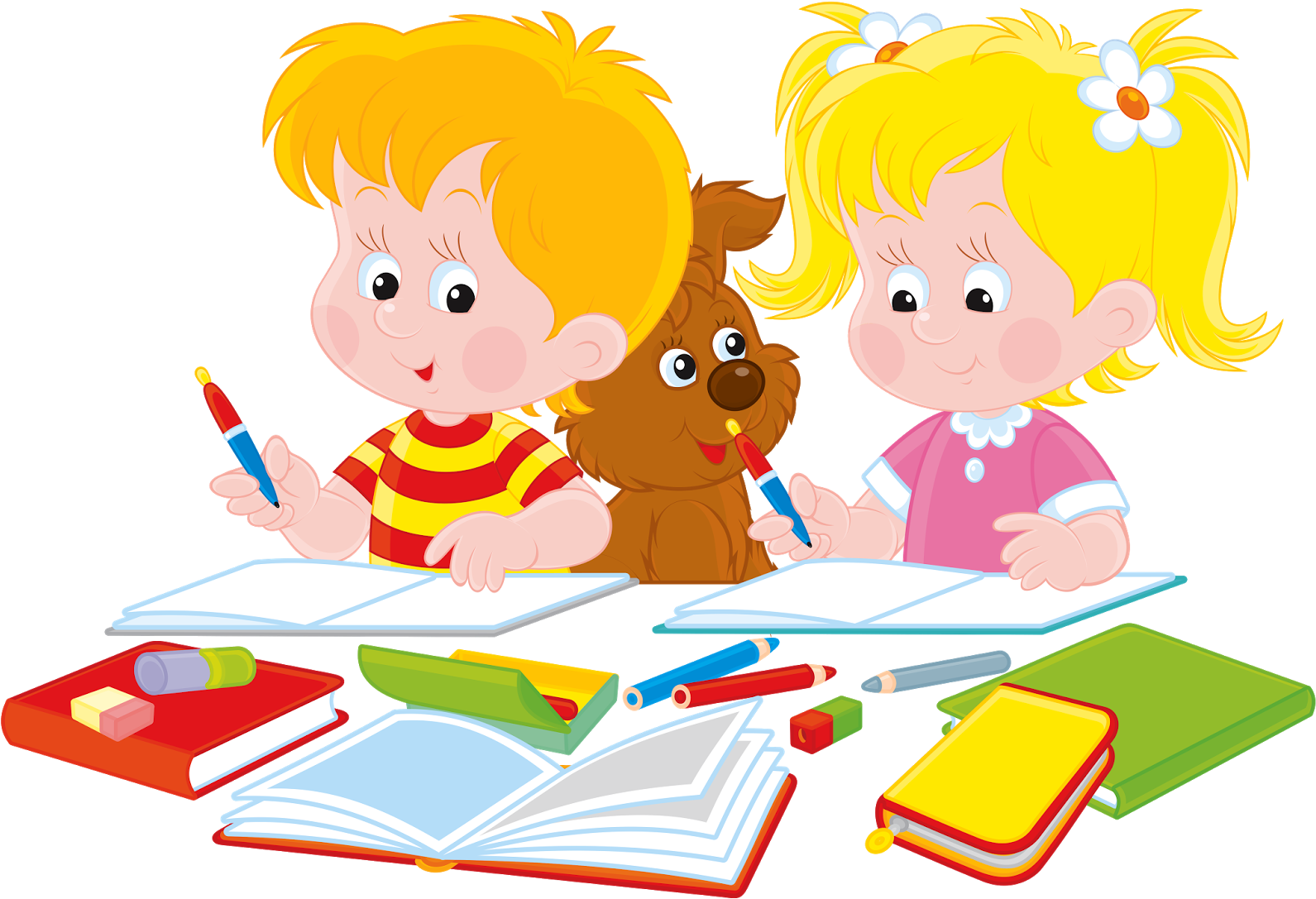 Kids Studying With Pet Dog PNG
