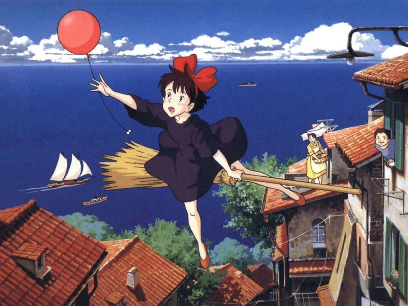 Kiki flying with Jiji on her broomstick in Kiki's Delivery Service Wallpaper