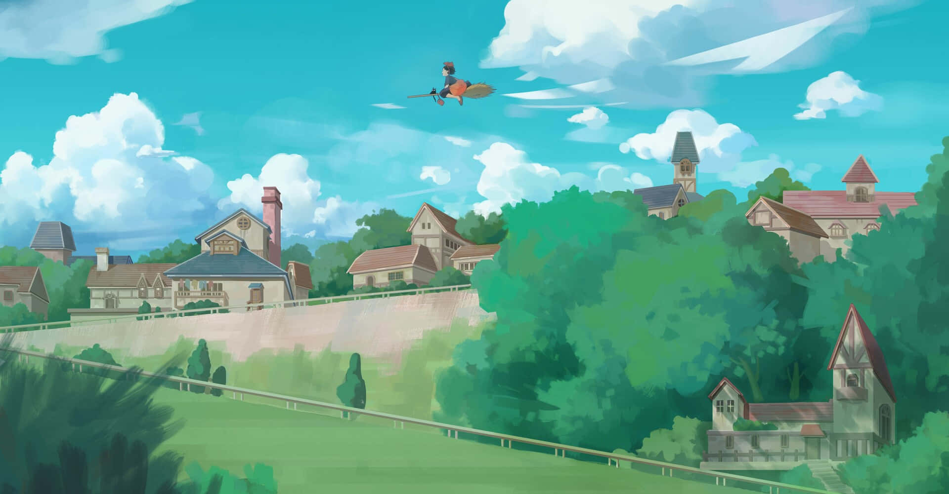 Kiki'sdelivery Service: Una Joven Bruja Volando Sobre La Ciudad Con Su Fiel Gato Jiji. Fondo de pantalla