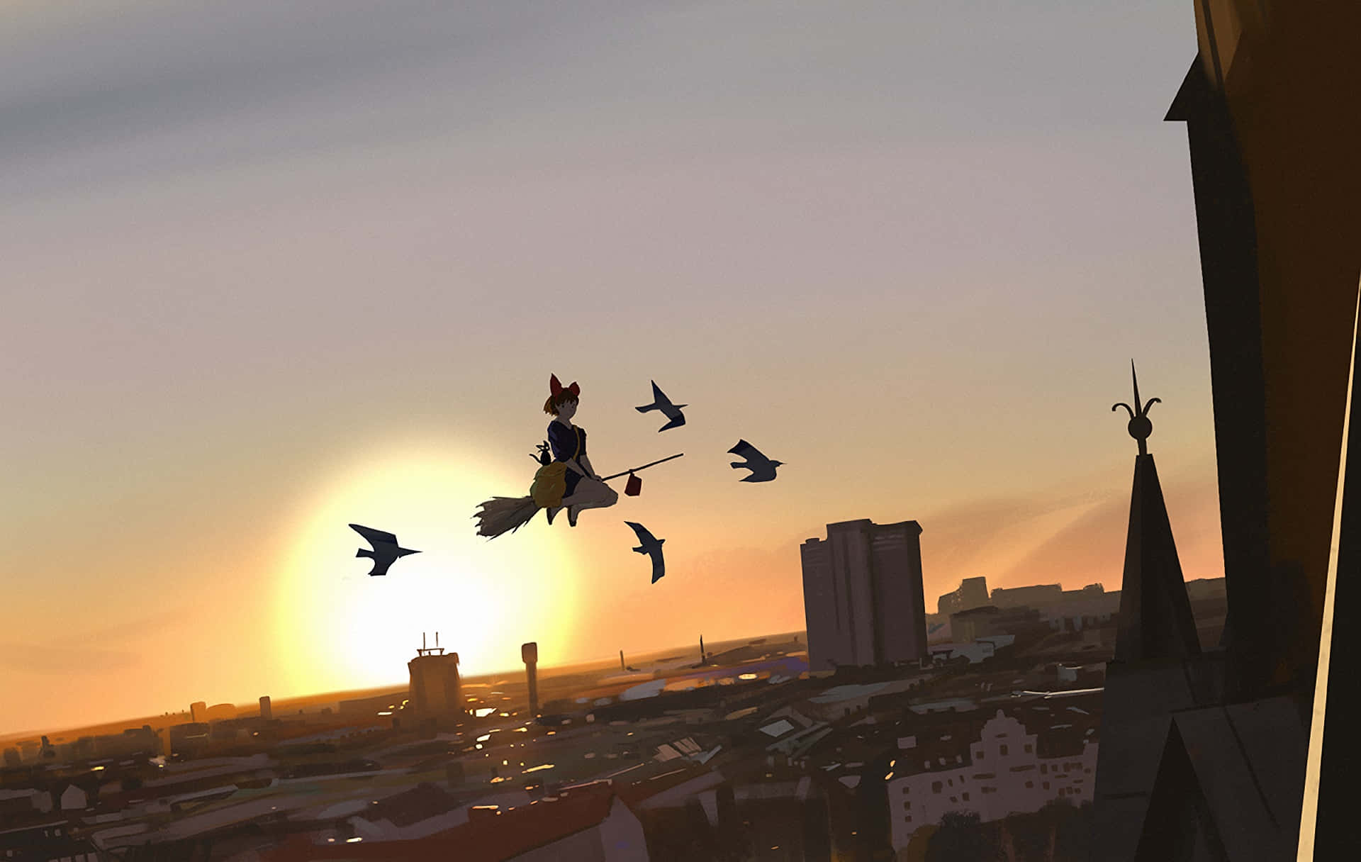 Kiki flying over the city with Jiji on her broom in Kiki's Delivery Service Wallpaper