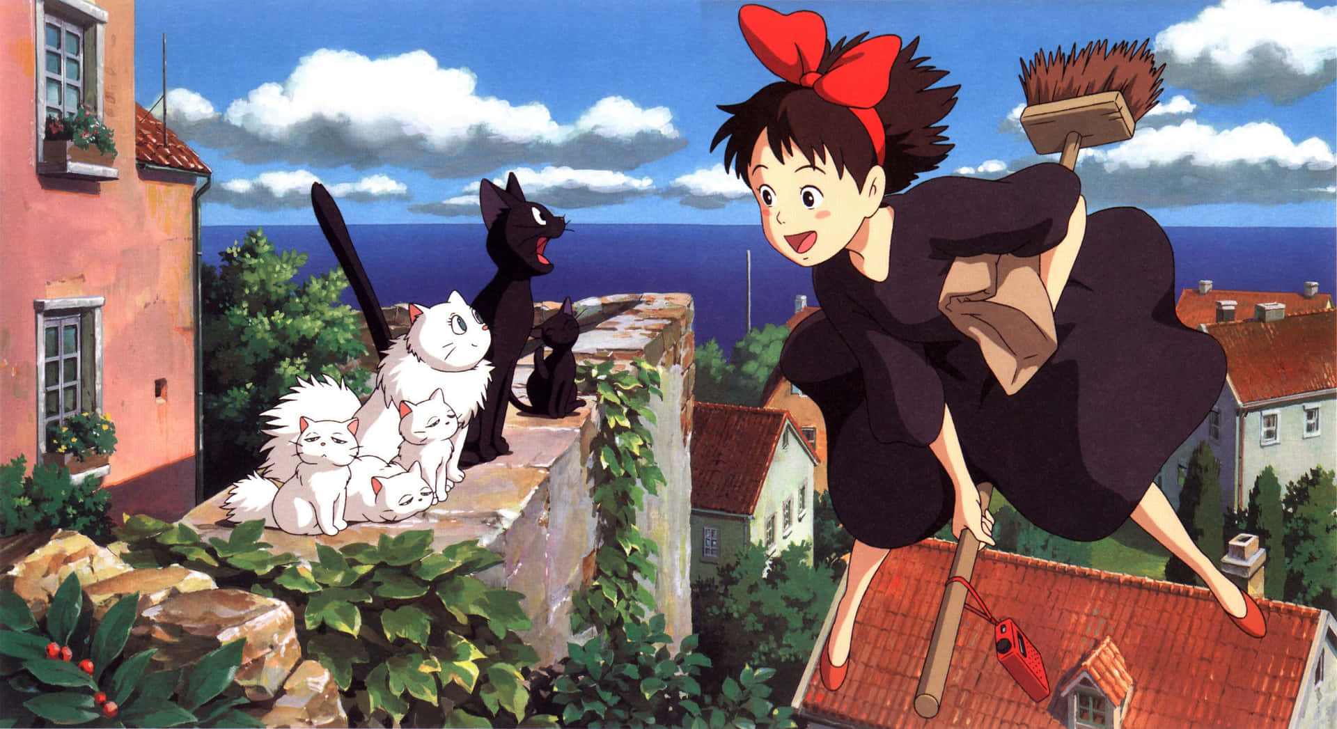 Kiki flying over the city with her cat Jiji on her broom Wallpaper