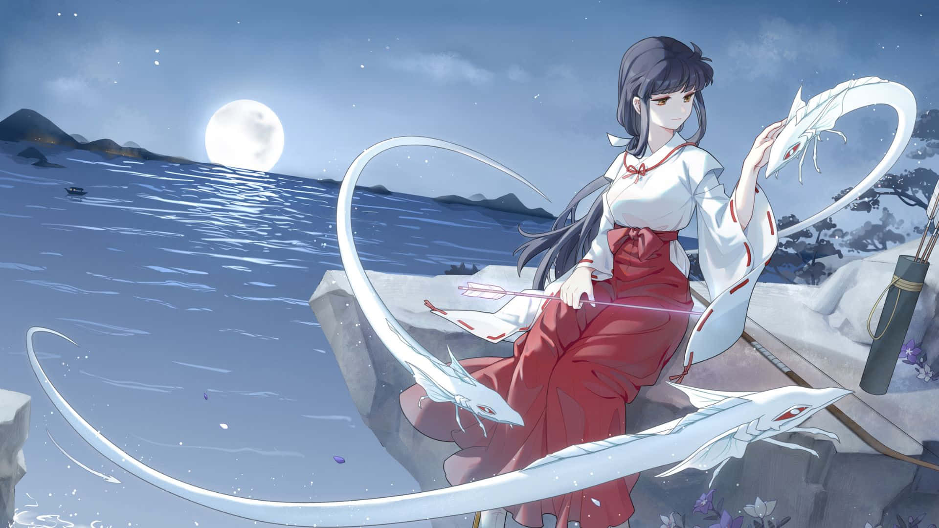 Enchanting Illustration of Kikyo in the Moonlight Wallpaper