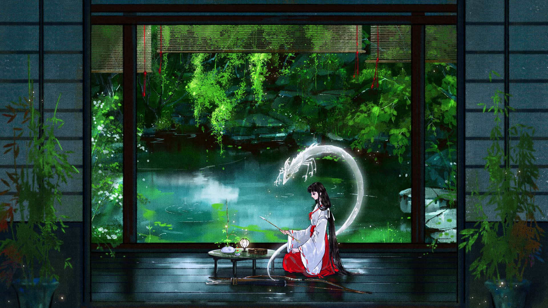 Kikyo, the spiritual priestess from Inuyasha, surrounded by a magical aura. Wallpaper