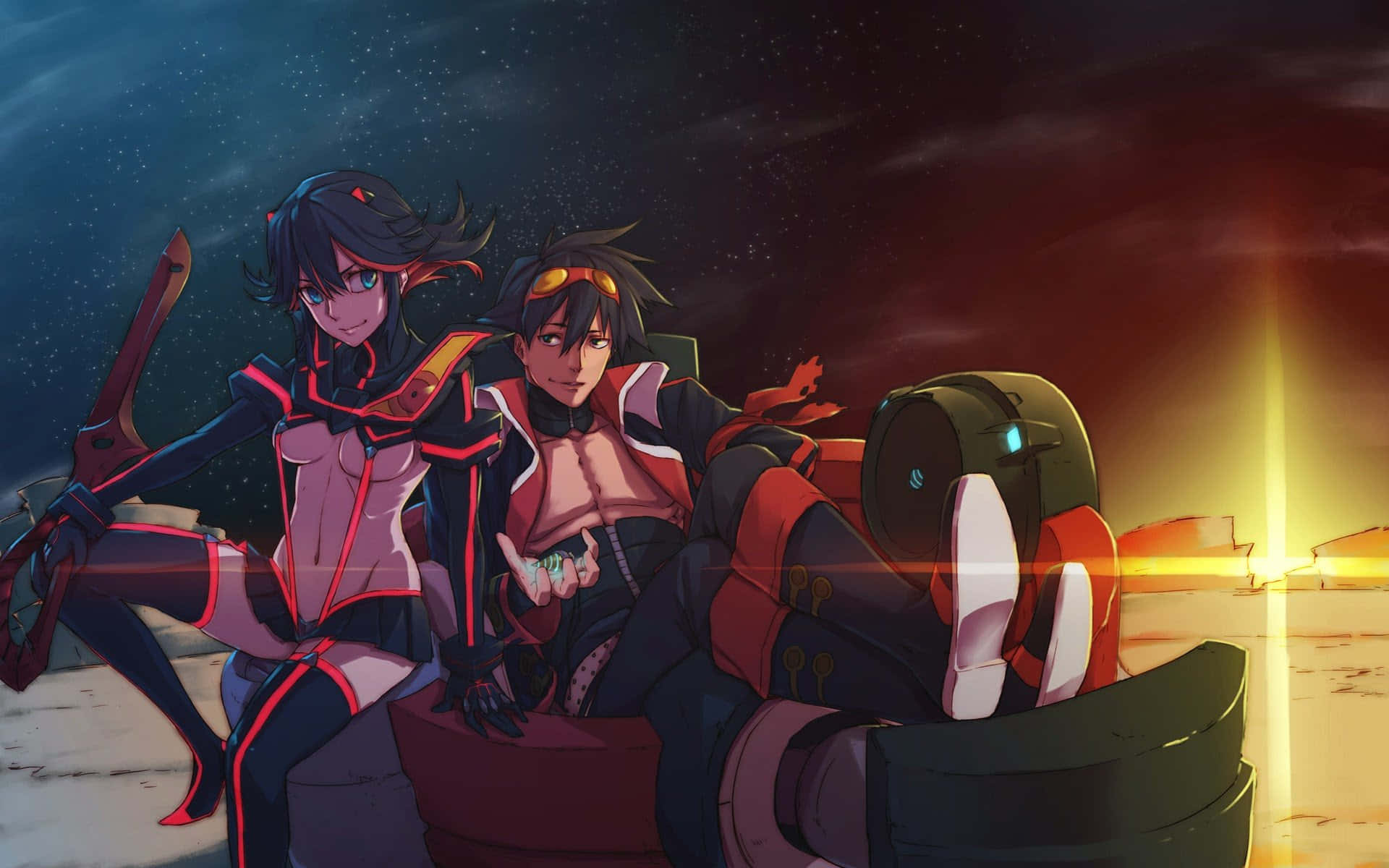 Two Anime Characters Sitting On A Rocket