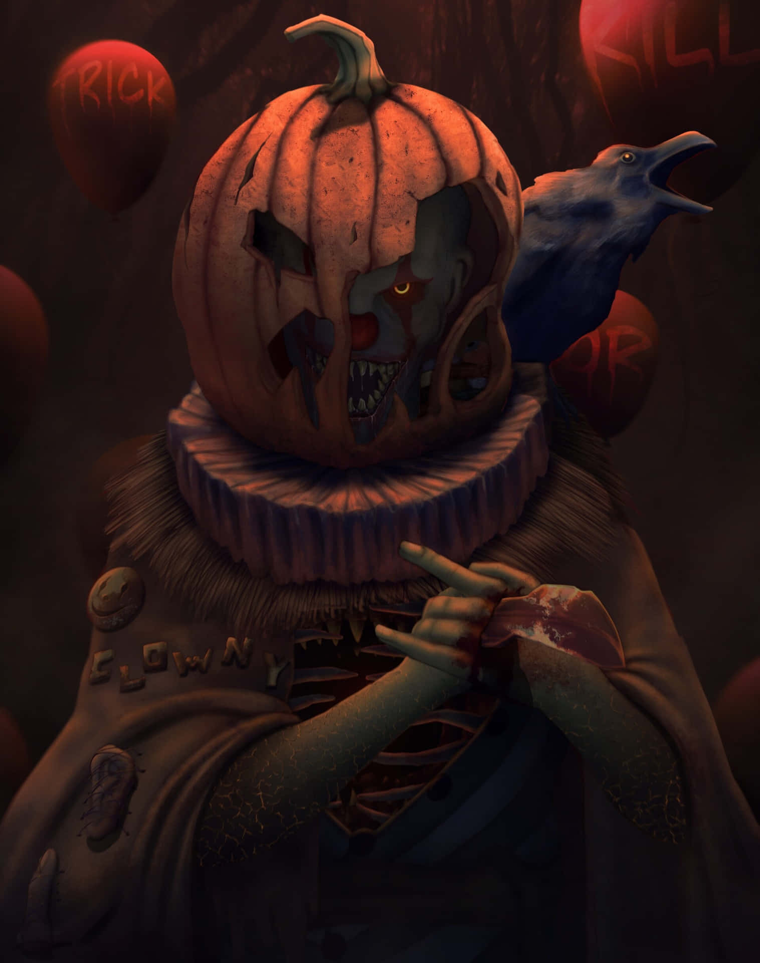Killer Clown With Gawky Crow Wallpaper