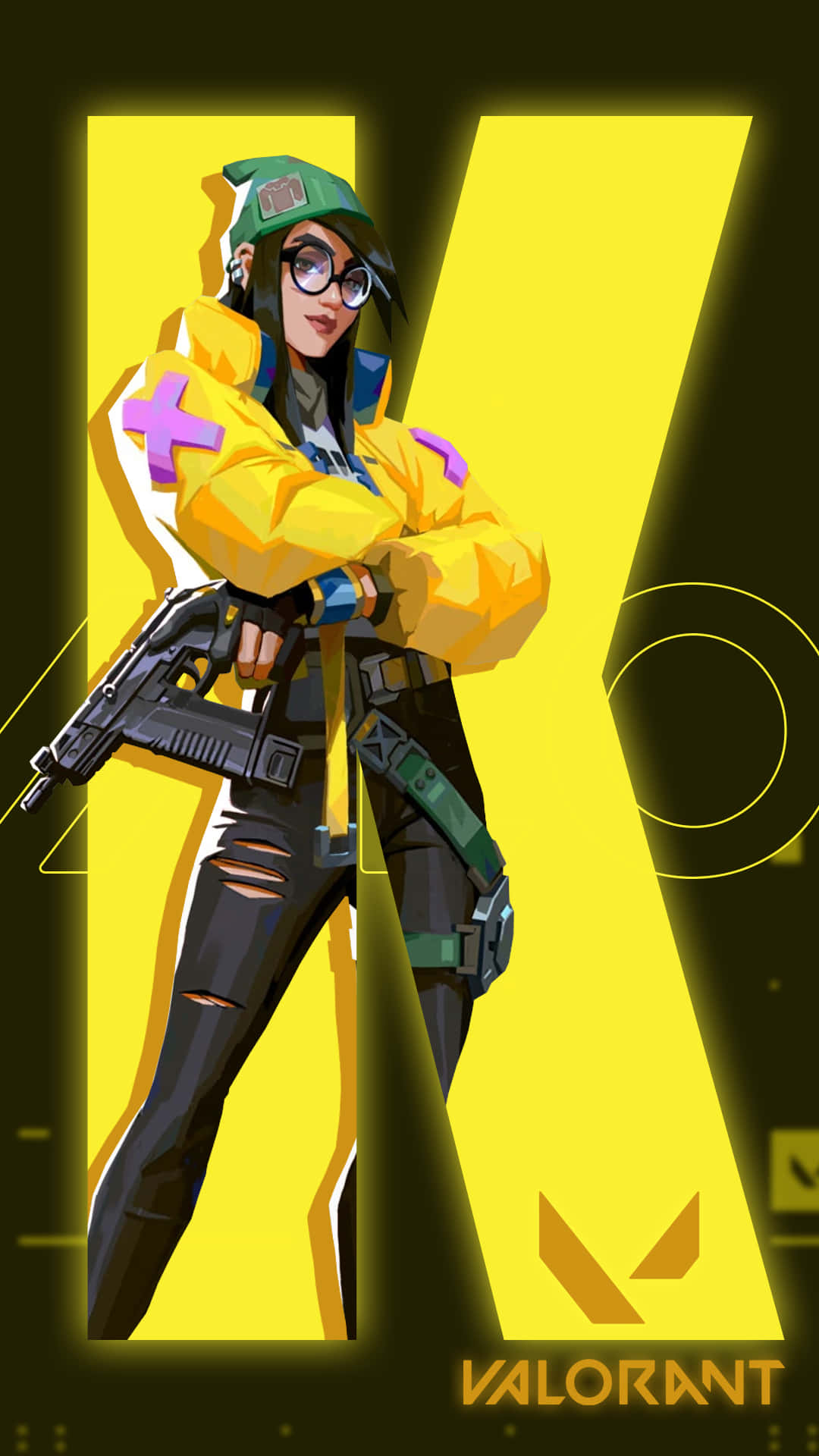 En pige i gul med en pistol og et gul K på hendes bryst Wallpaper