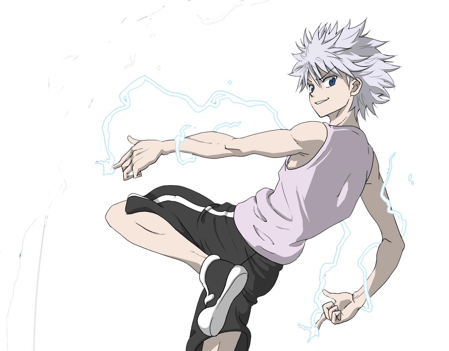 Image Killua exhibiting extreme agility and dexterity Background — Anime character with spiky white hair unleashes electric energy in a dynamic pose against a black background.