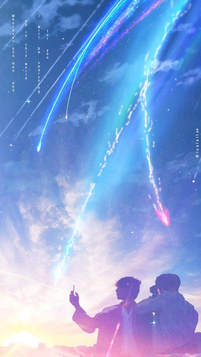 Kimi No Na Wa Telefon Fanart Tapet: Et bjerglandskab af anime fantasi. Wallpaper