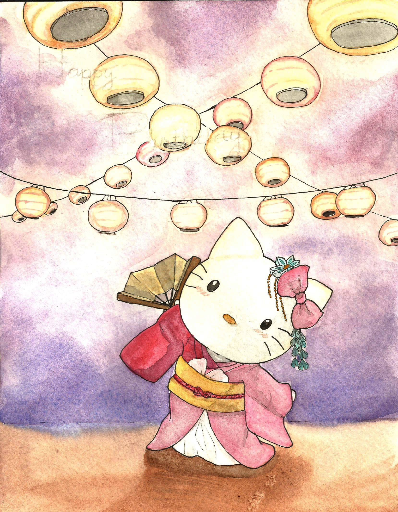 Kimono Hello Kitty PFP Watercolor Illustration Wallpaper