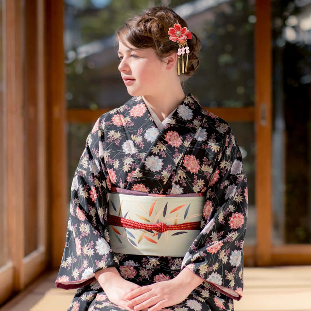 A woman wearing an elegant, yet traditional kimono.