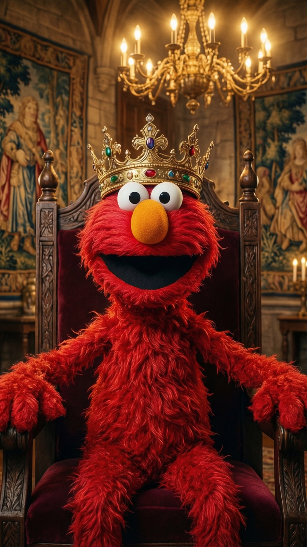 Elmo som kung i ett fantasyslott.