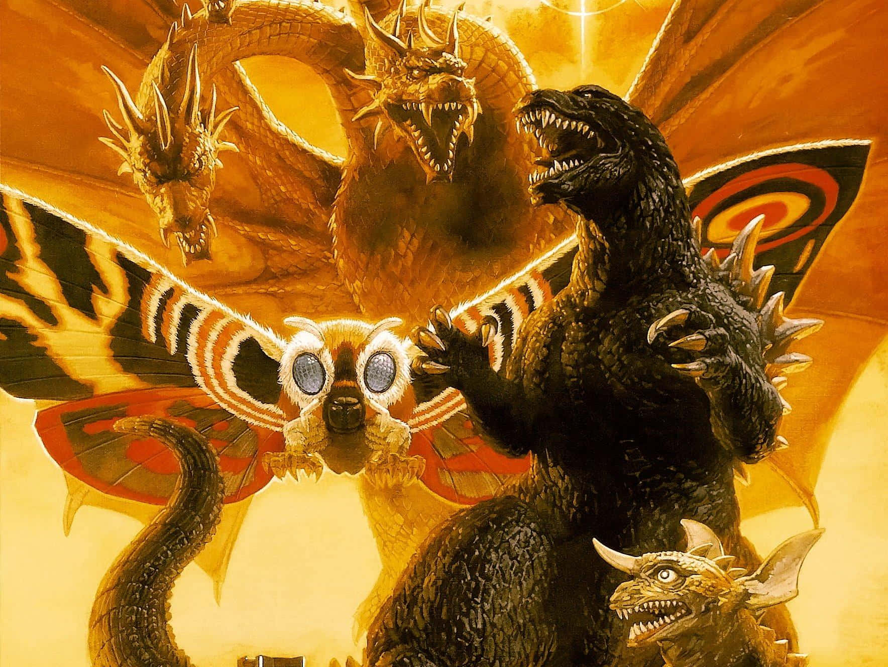 King Ghidorah, the three-headed dragon monster, unleashing terror. Wallpaper