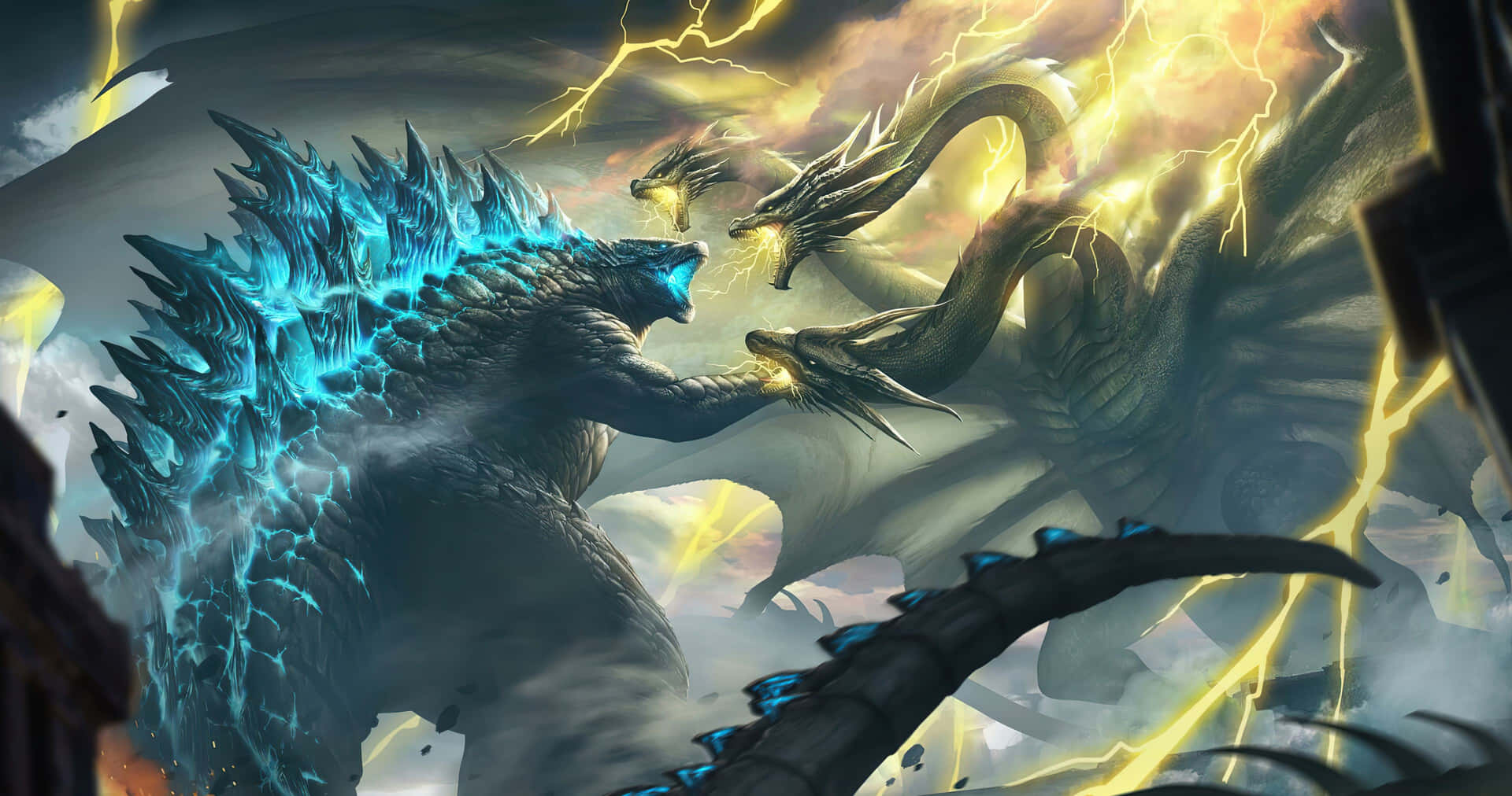 Monstrous battle between King Ghidorah and Godzilla in a cityscape Wallpaper
