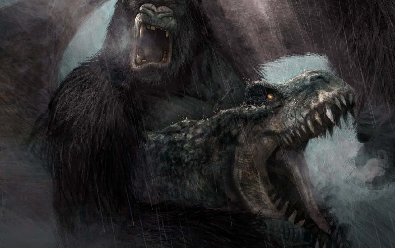 En gorilla og en dinosaur kæmper i regnskovsbaggrunden