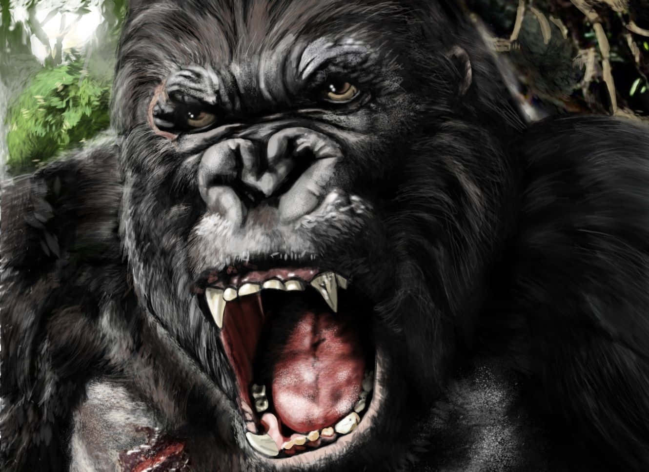 En gorilla vises med munden åben