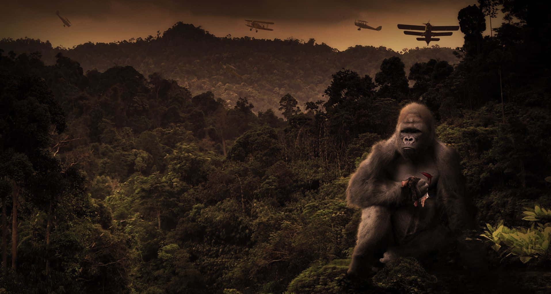 Einriesiger Schwarz-weißer Gorilla, King Kong, Überblickt Die Erschrockene Menschheit Vom Gipfel Eines Wolkenkratzers Aus.