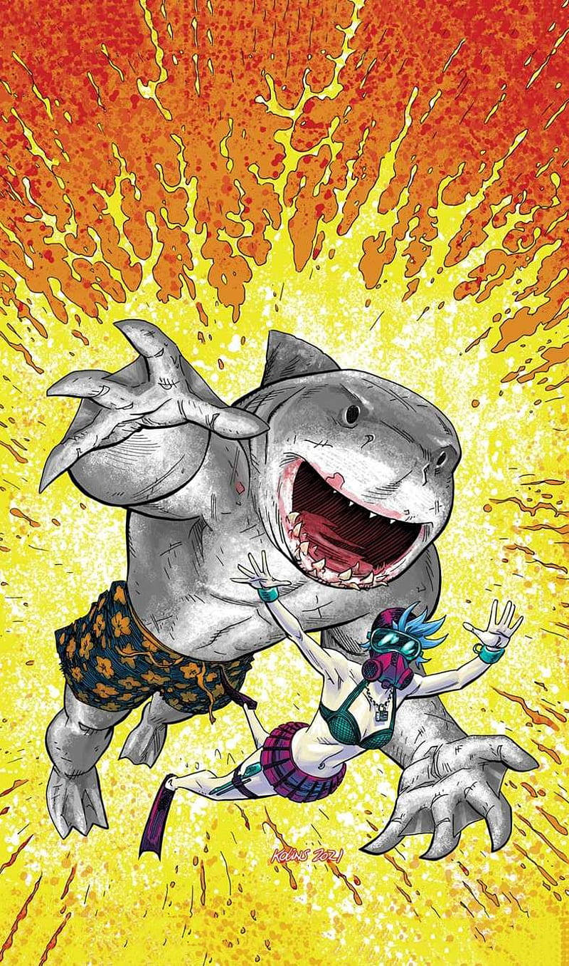 Kun Shark Og Harley Quinn Kunst Vægteppe Wallpaper