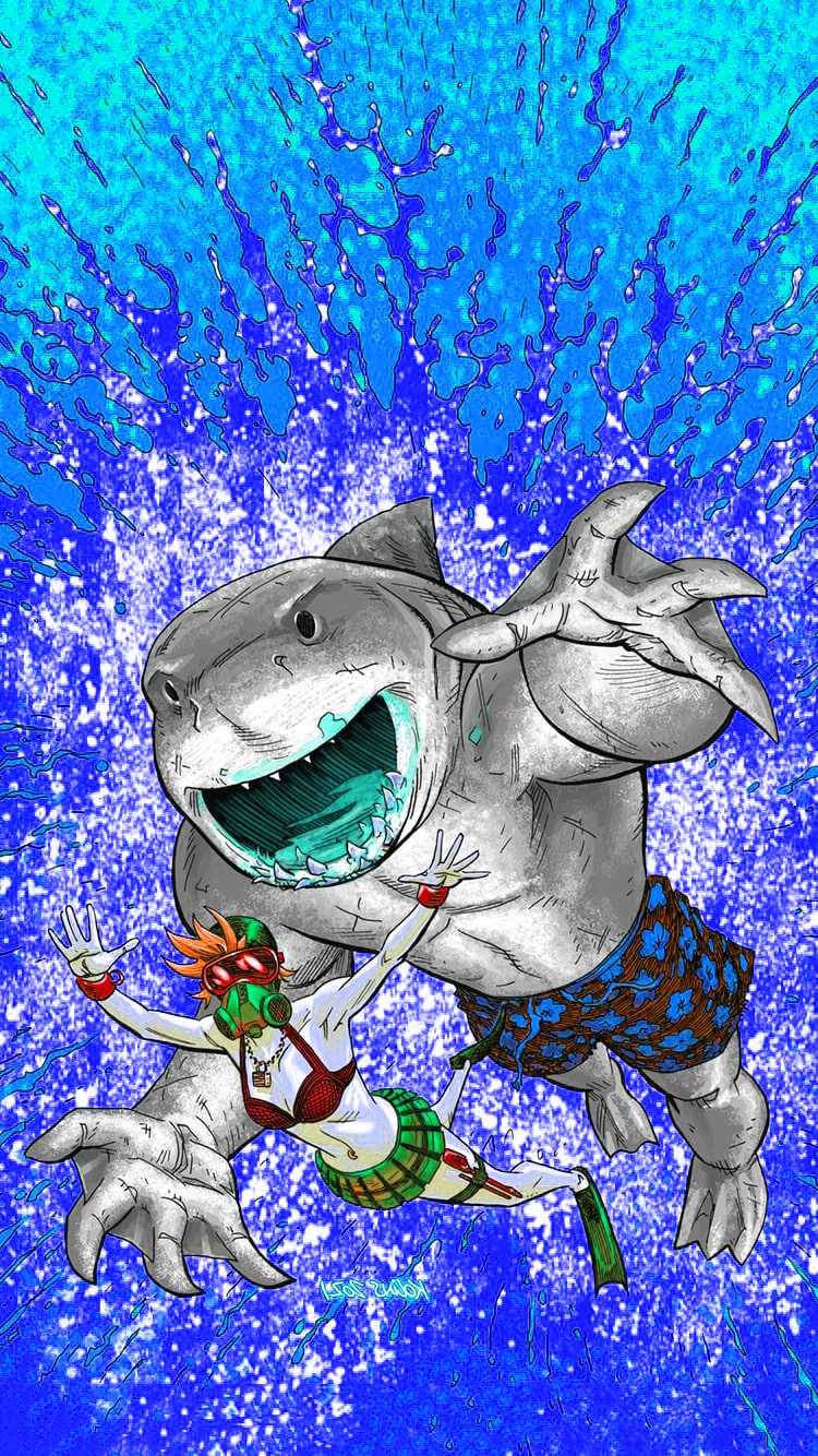 Kong Shark og Harley Quinn svømmer i det blå hav Wallpaper