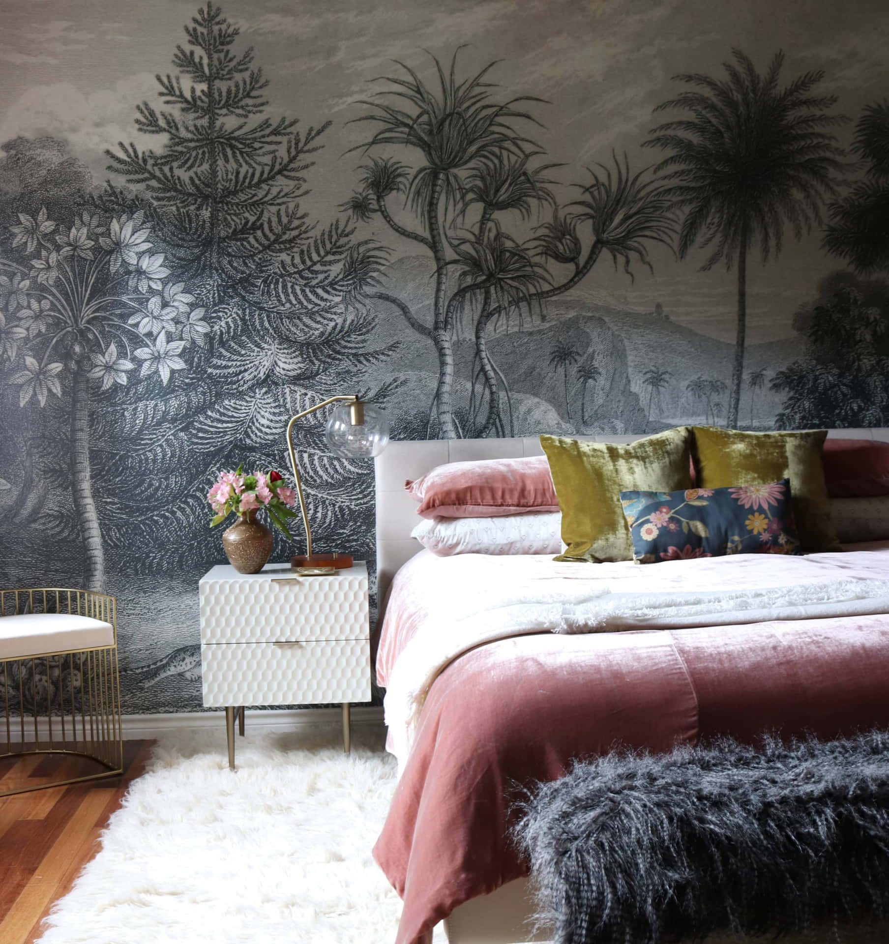 Caption: Designer King Size Bed with Printed Wall Background. Wallpaper