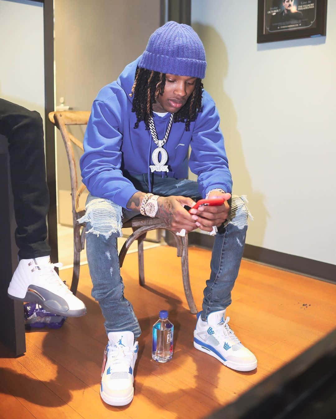 King Von Blue Outfit Checking Phone Wallpaper