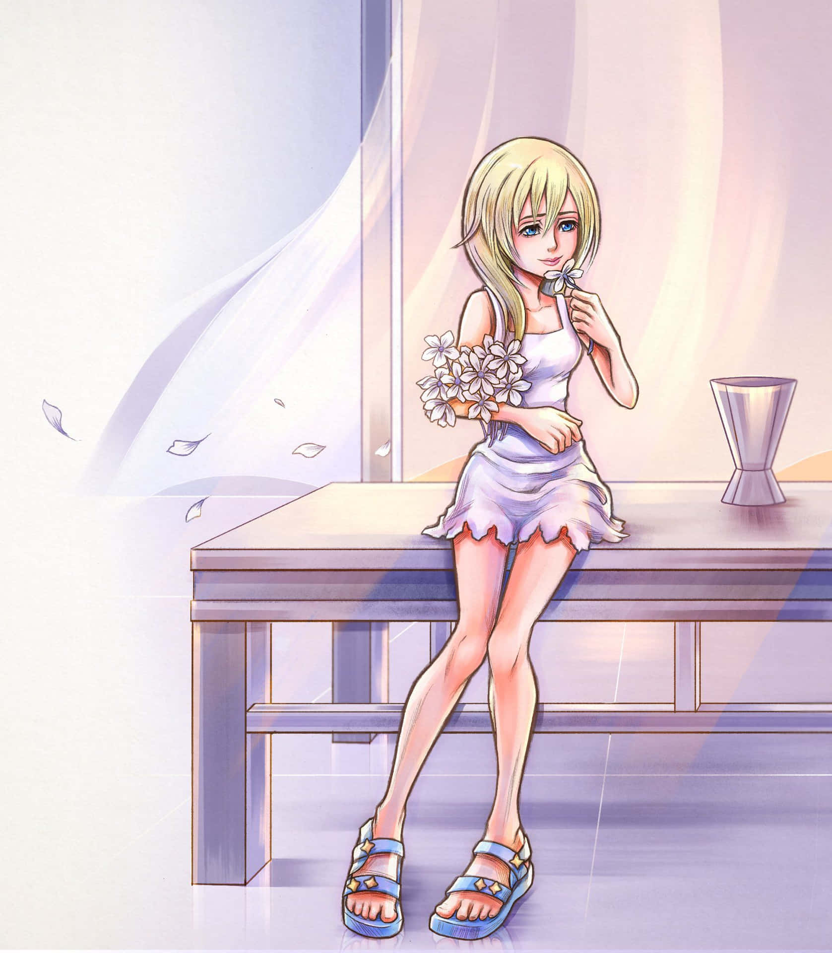 Namine contemplatively sits in the sunset surrounded by her woodland Kingdom Hearts sanctuary. Wallpaper