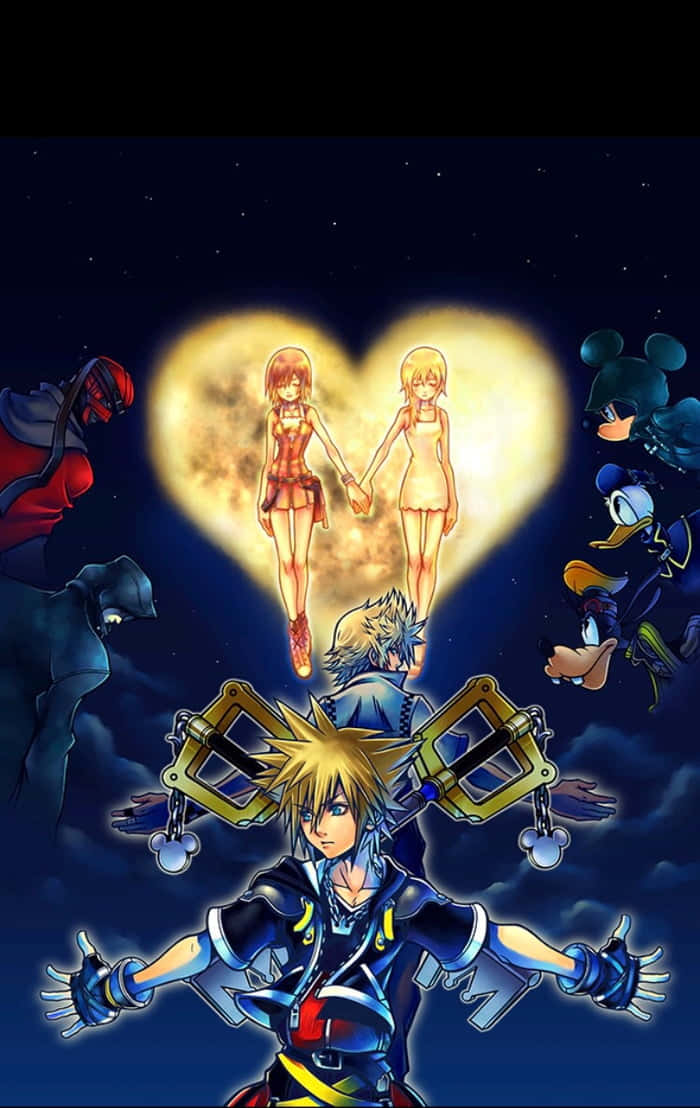 Dyk ind i den farverige verden af Kingdom Hearts med et magisk mobil baggrundsbillede. Wallpaper