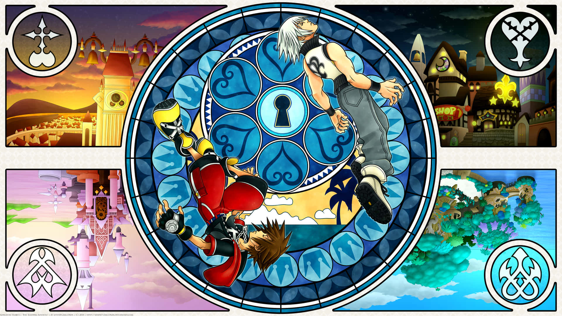 Riku from Kingdom Hearts strikes a powerful pose in an intense action scene. Wallpaper
