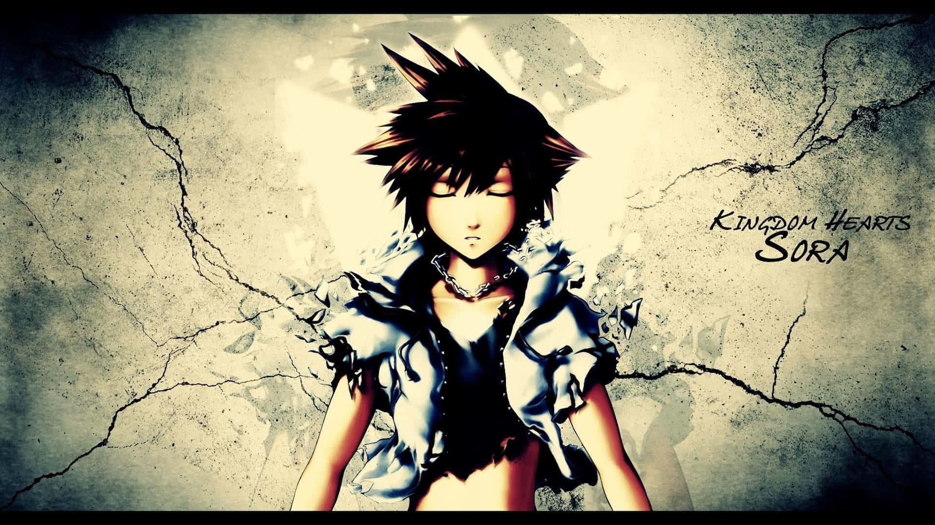 Sora in Action: Unleashing his Keyblade in the World of Kingdom Hearts Wallpaper