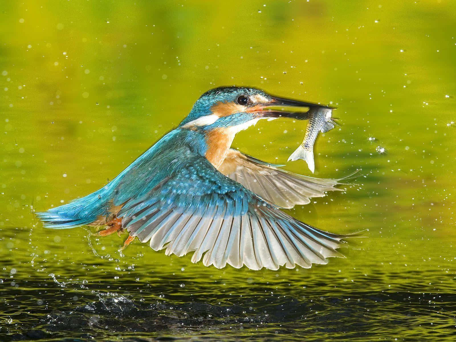 Kingfisher Catching Fish In Flight Wallpaper