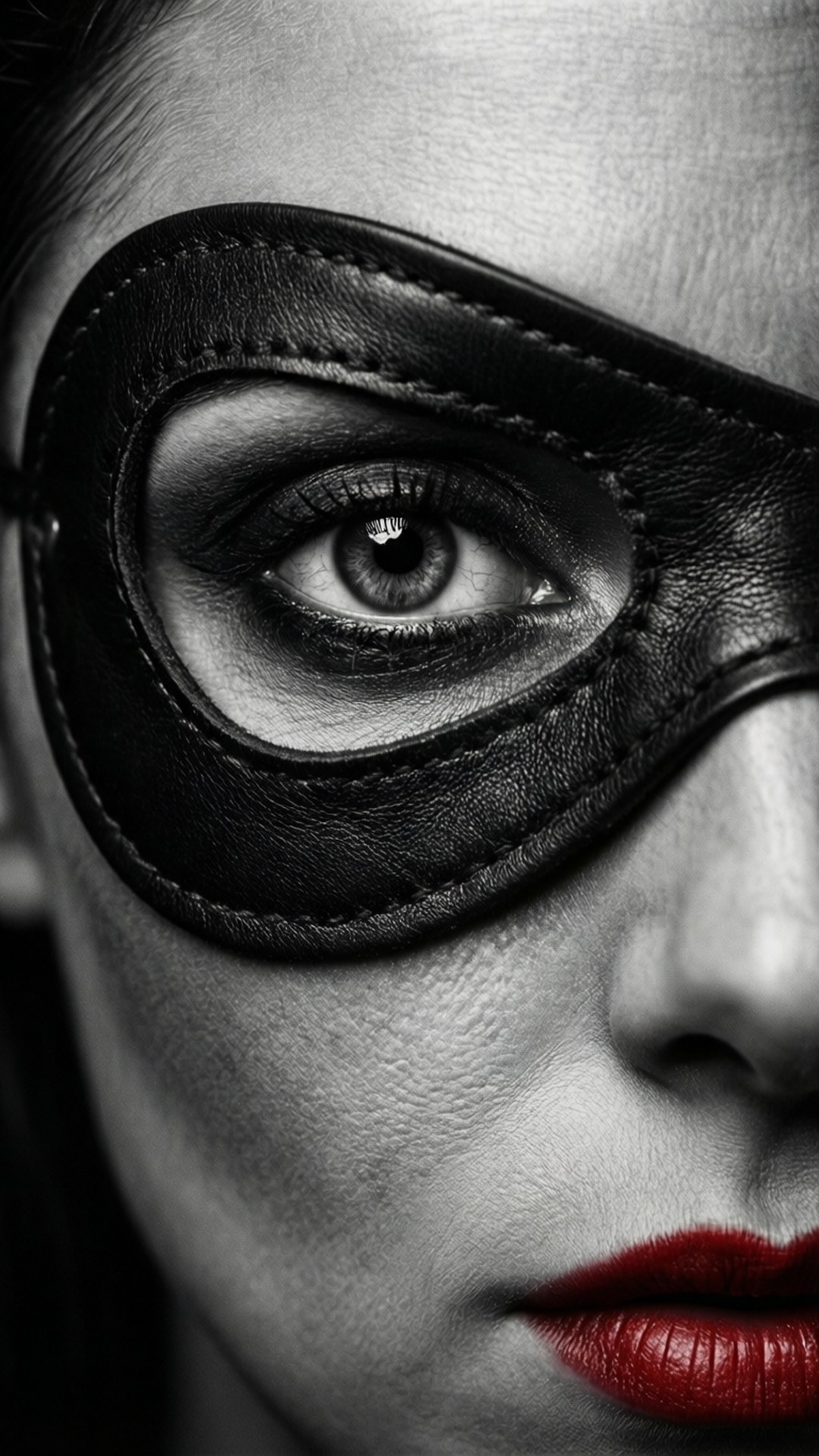 Film-Noir-Nahaufnahme einer Frau mit Leder-Augenklappe und intensivem Blick