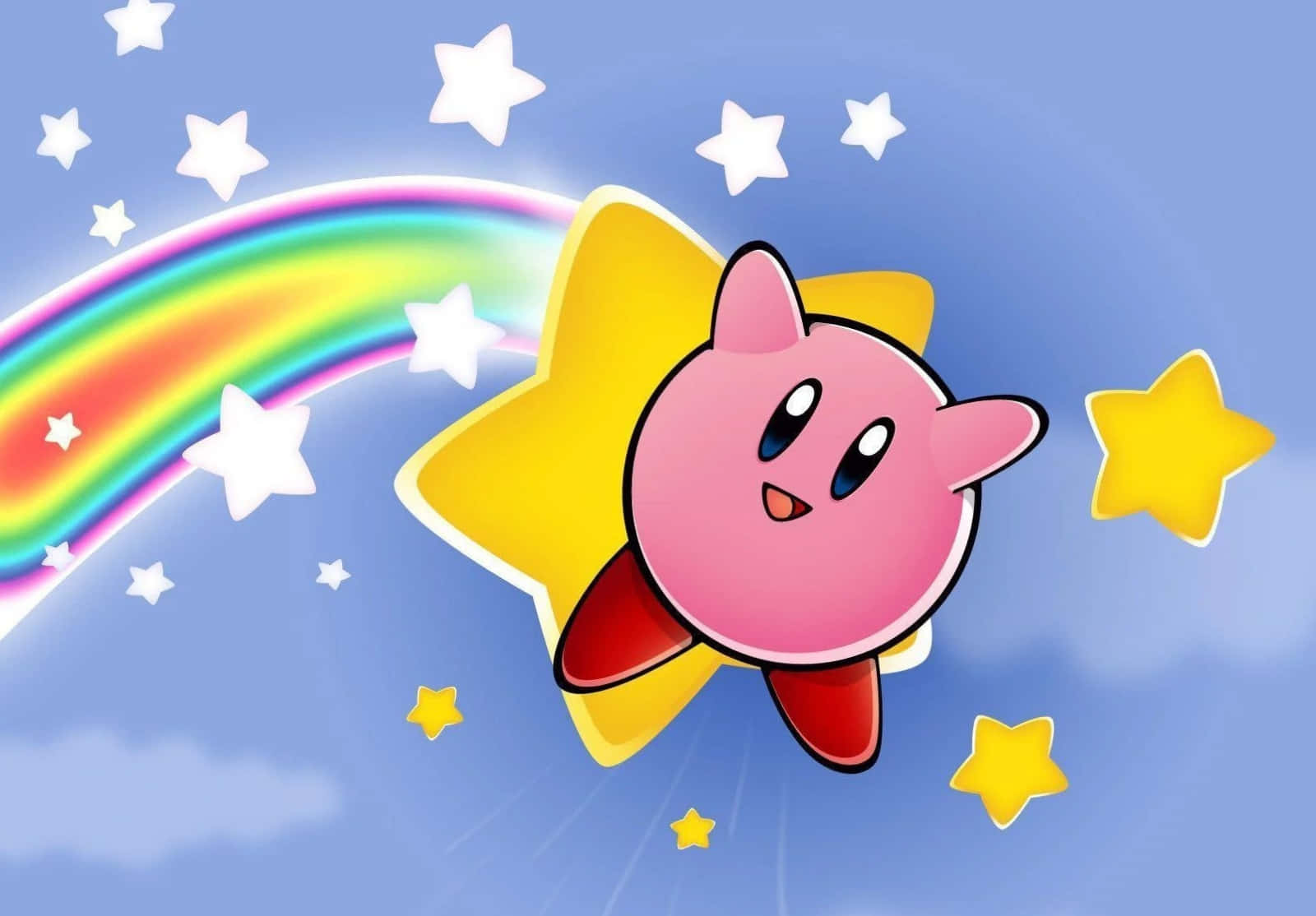 Cartoon Character Kirby Flying Through a Brightly Colored Landscape