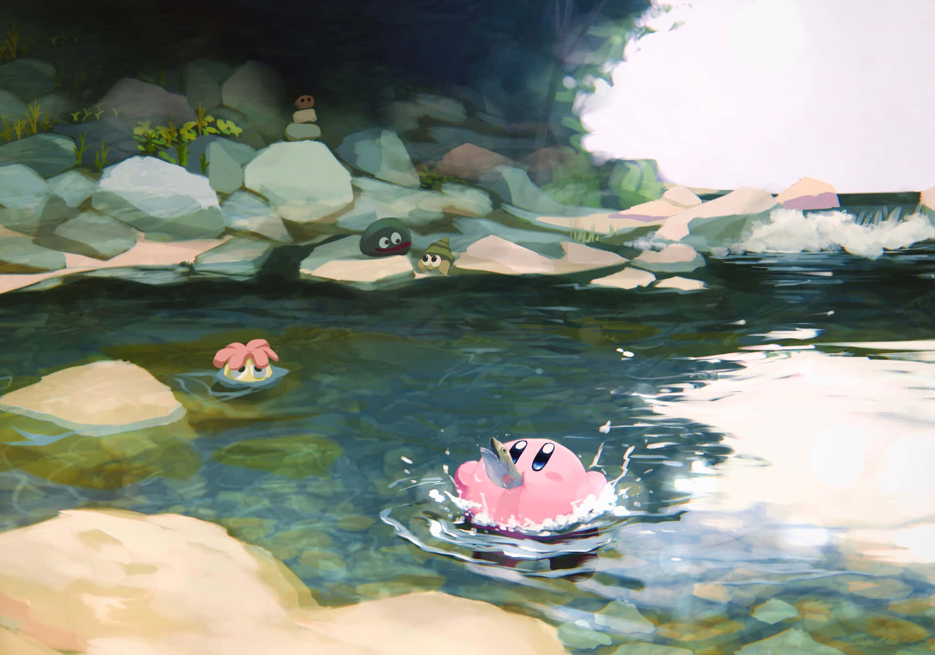 Kirby Swimmingin Tranquil Pond Wallpaper