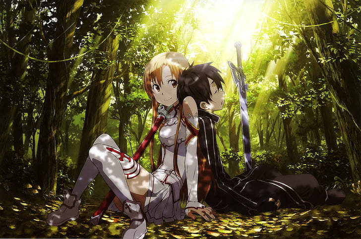Kirito And Asuna In Forest Wallpaper