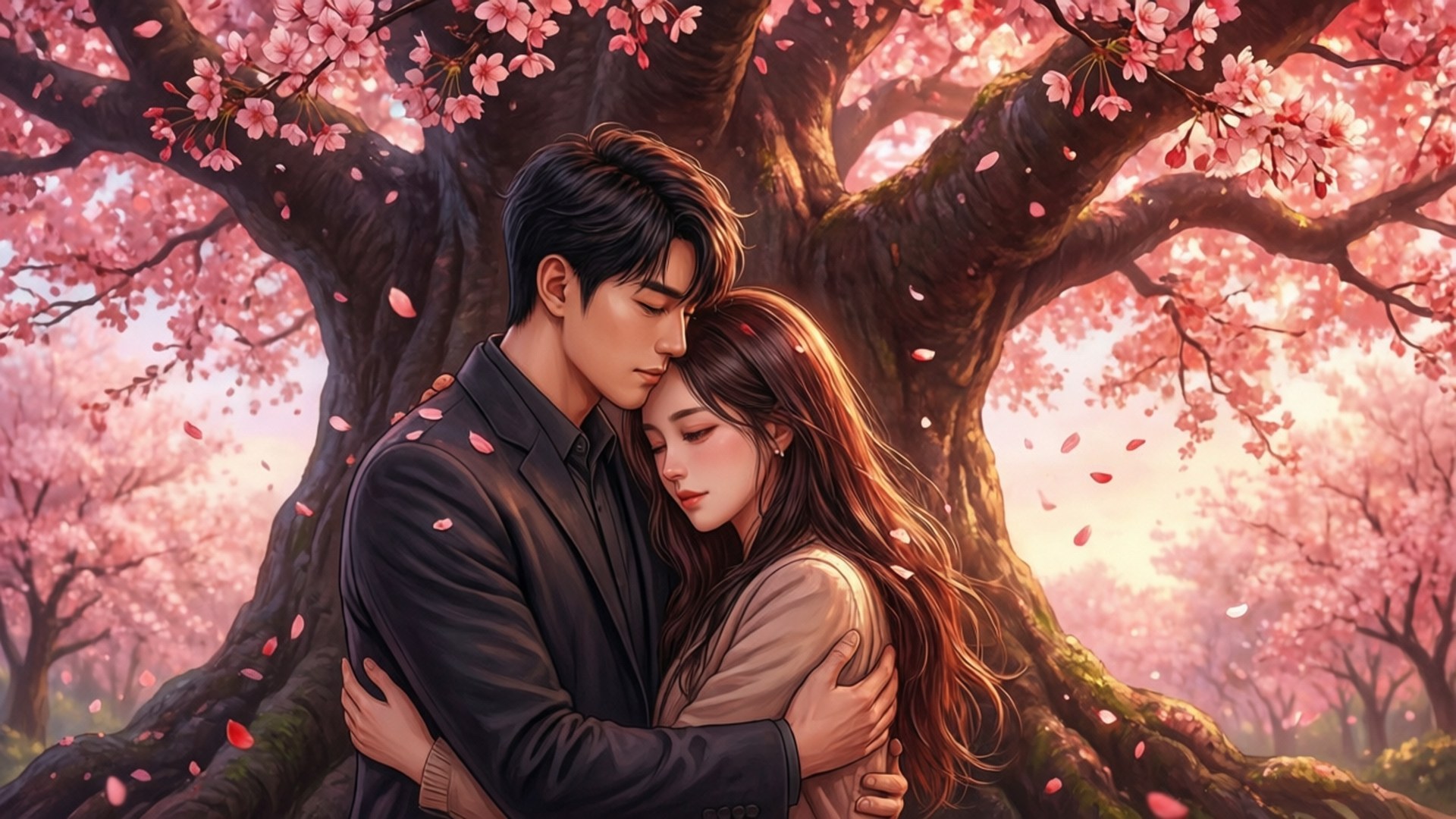 Hua Cheng und Xie Lian umarmen sich unter Kirschblüten.