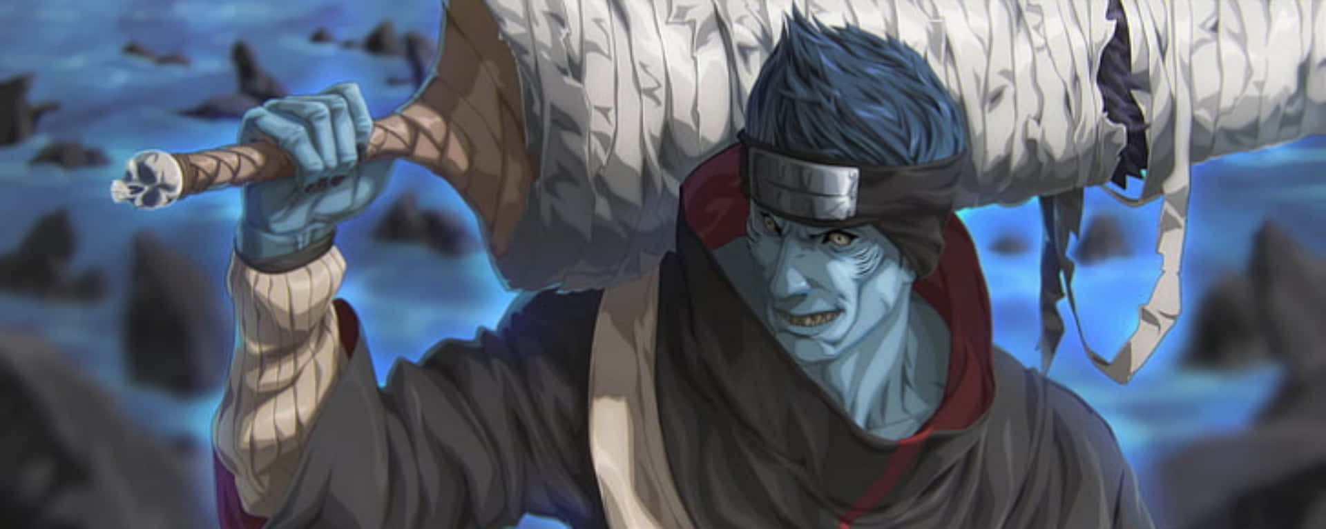 En mand med blåt hår, der holder et stort sværd skingrende Wallpaper