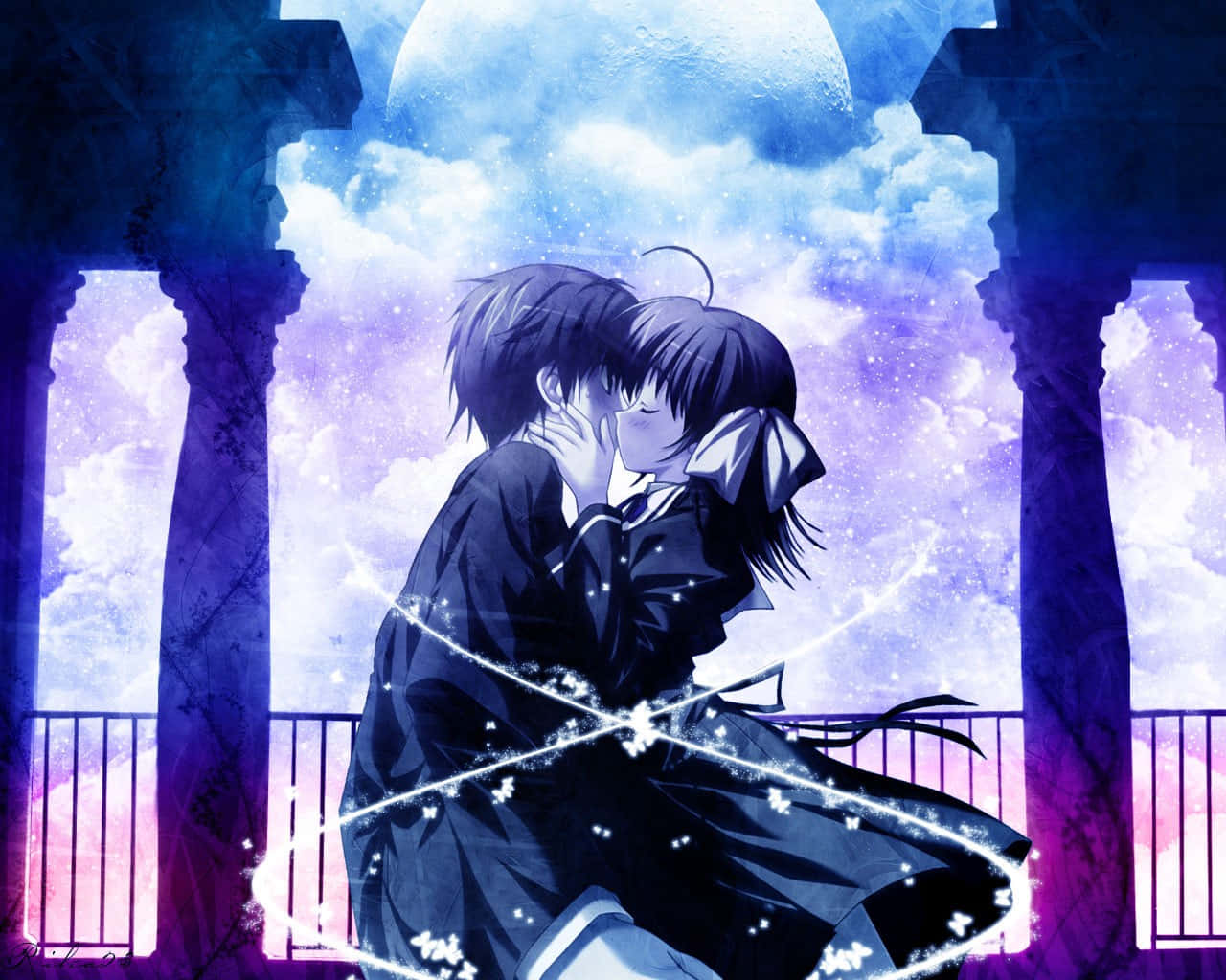 A Couple Kissing Under A Moonlit Sky Wallpaper