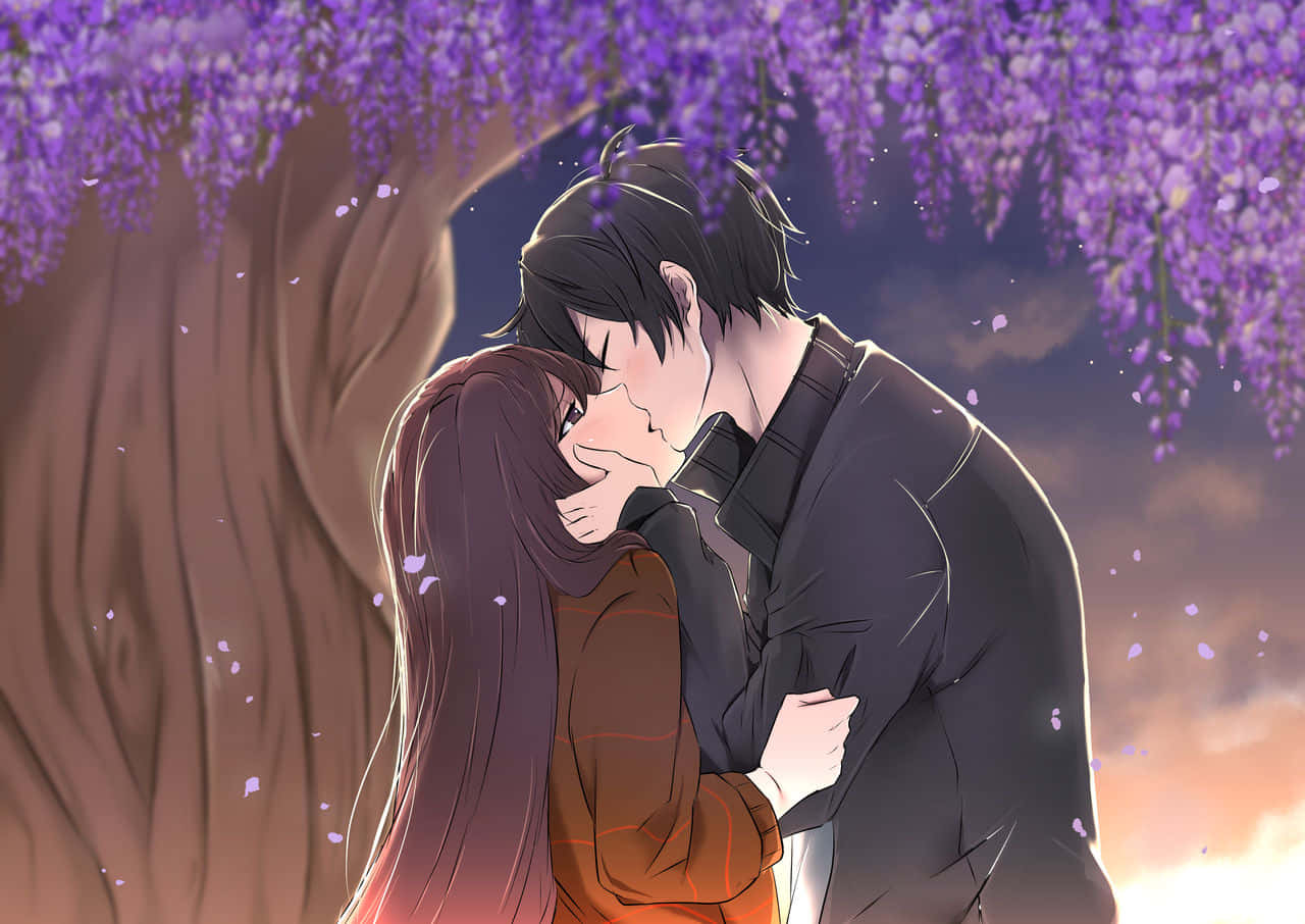 A Couple Kissing Under A Purple Tree Wallpaper