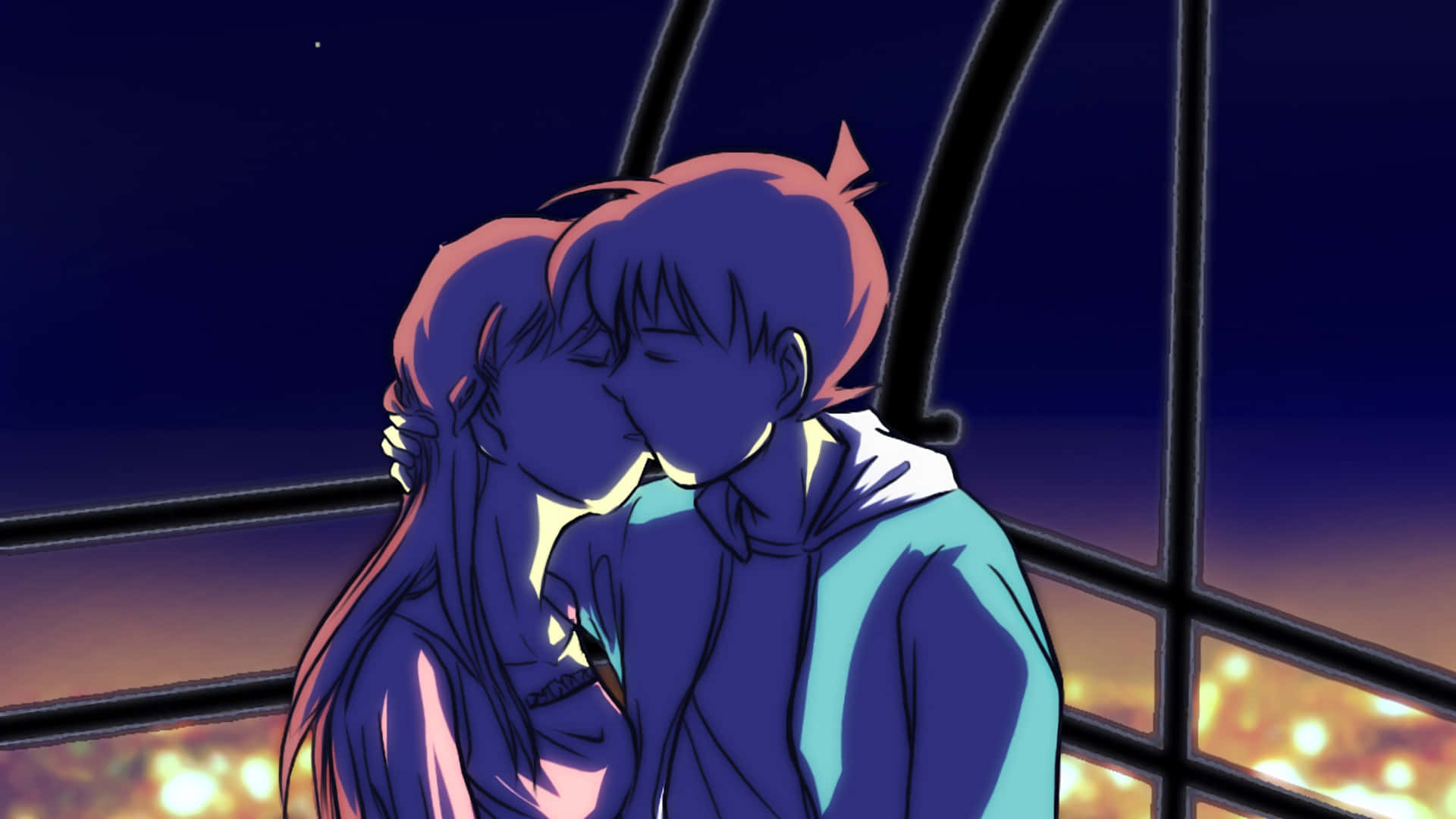 Et par der kysser foran en byskyline Wallpaper