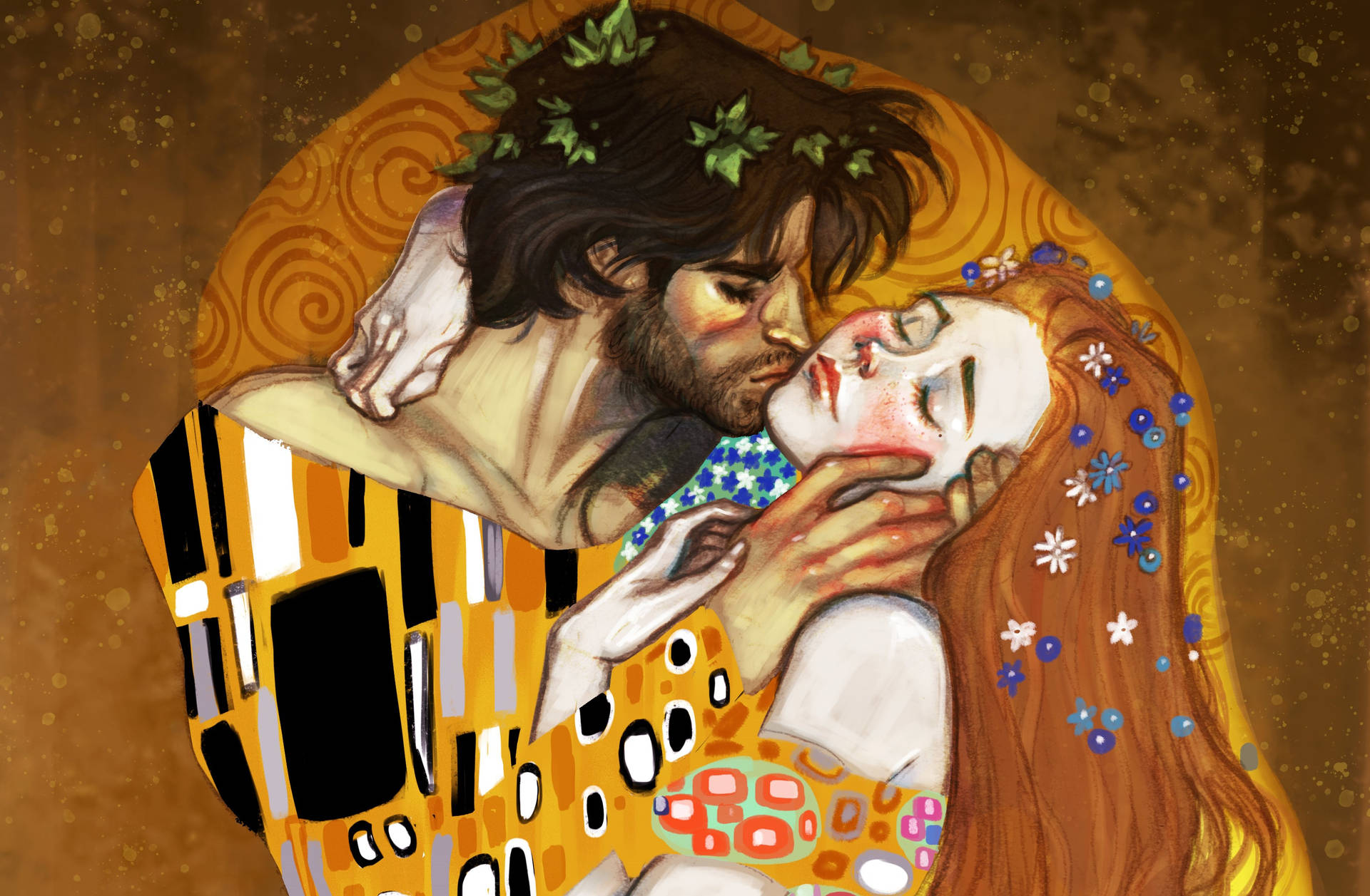 Kissing Hd Gustav Klimt Style Wallpaper