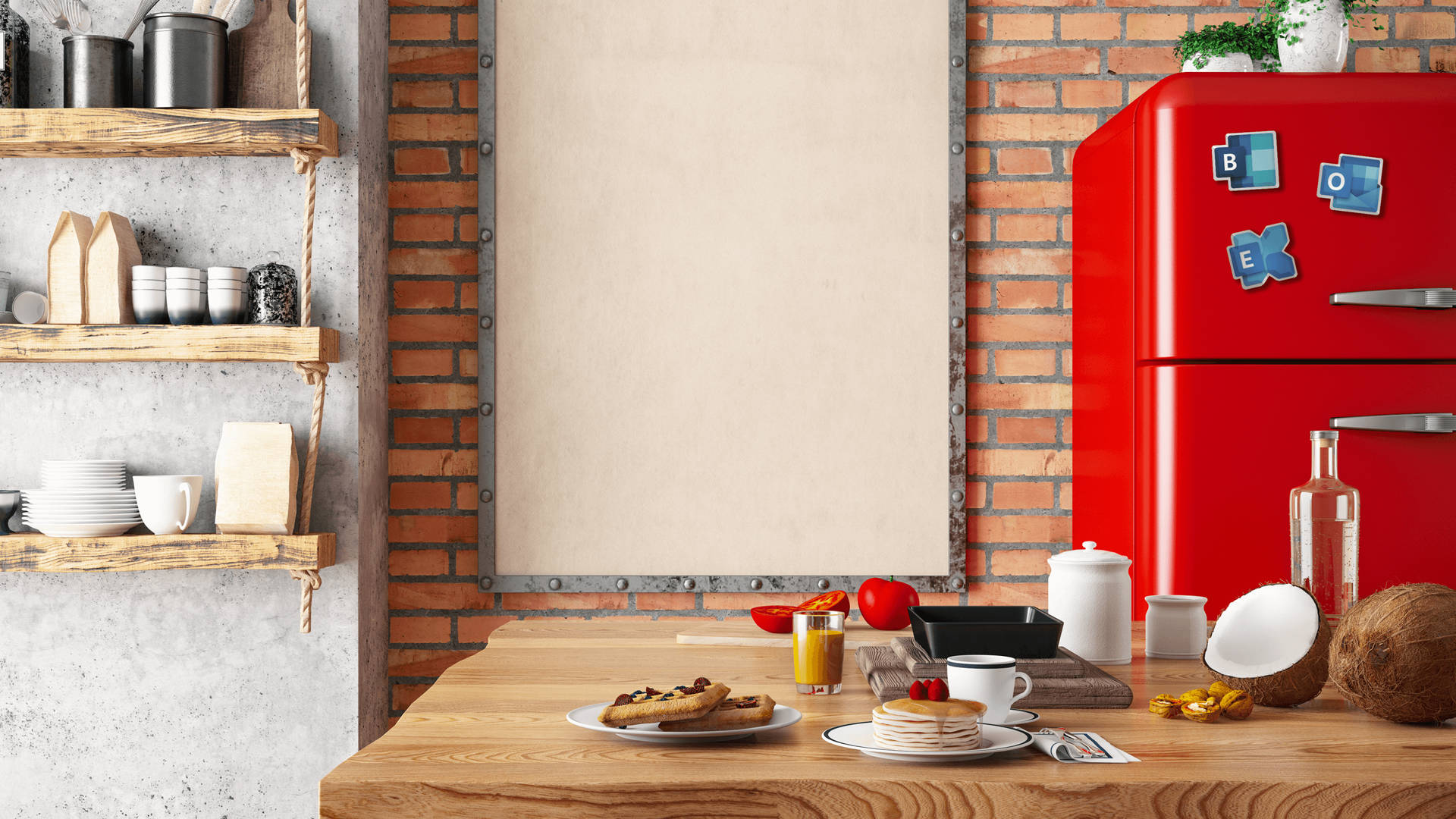 Kitchen Background With Red Fridge Wallpaper