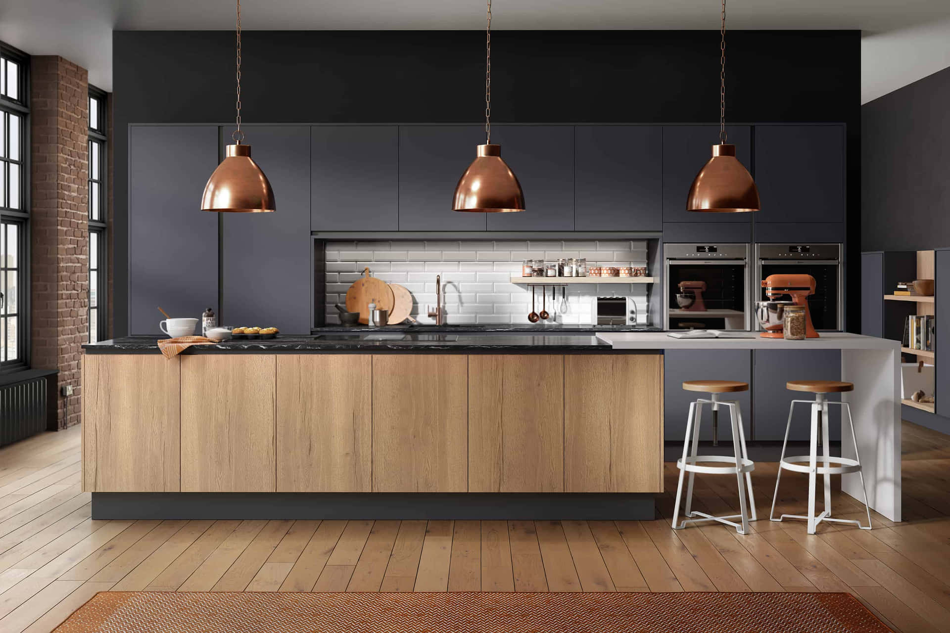 A Modern Kitchen With Dark Wood Cabinets And A Wooden Floor
