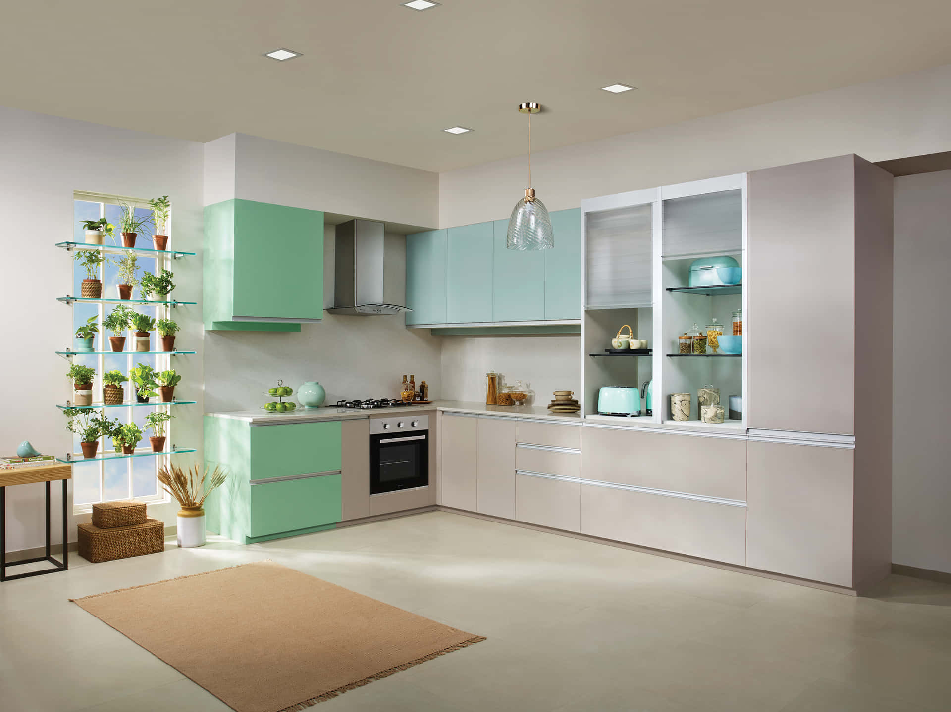 A Kitchen With Green Cabinets And A Green Rug