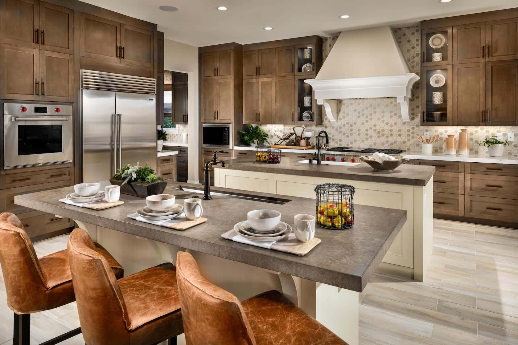 A Kitchen With A Center Island And Brown Cabinets