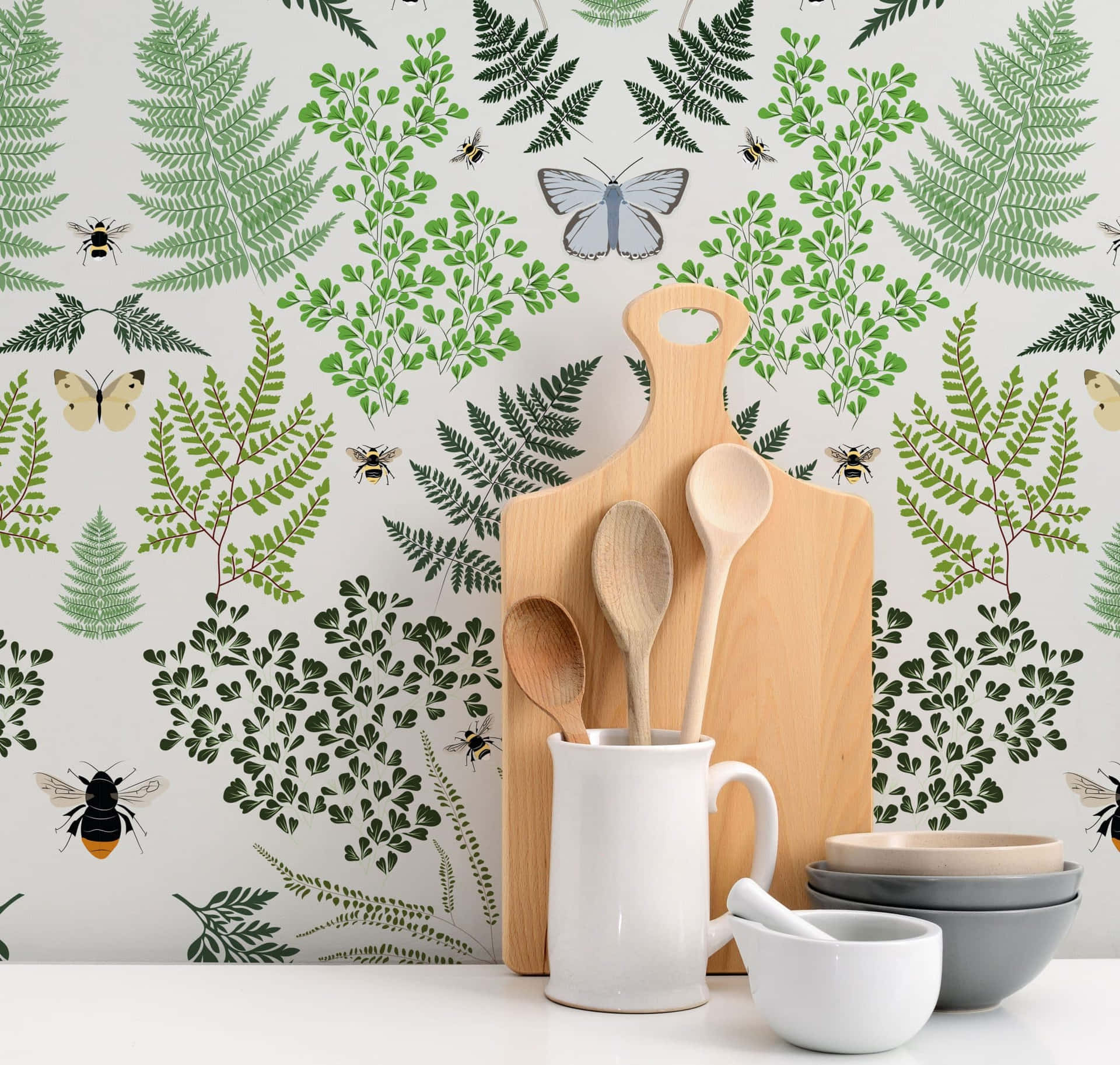 Kitchen Utensilsand Nature Pattern Wallpaper Wallpaper