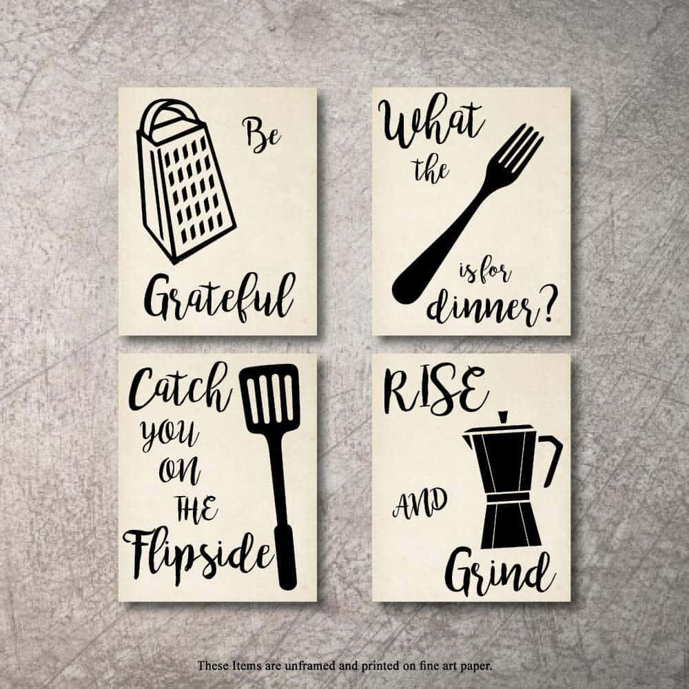 Four Kitchen Art Prints With A Utensil, A Knife, A Spoon And A Fork