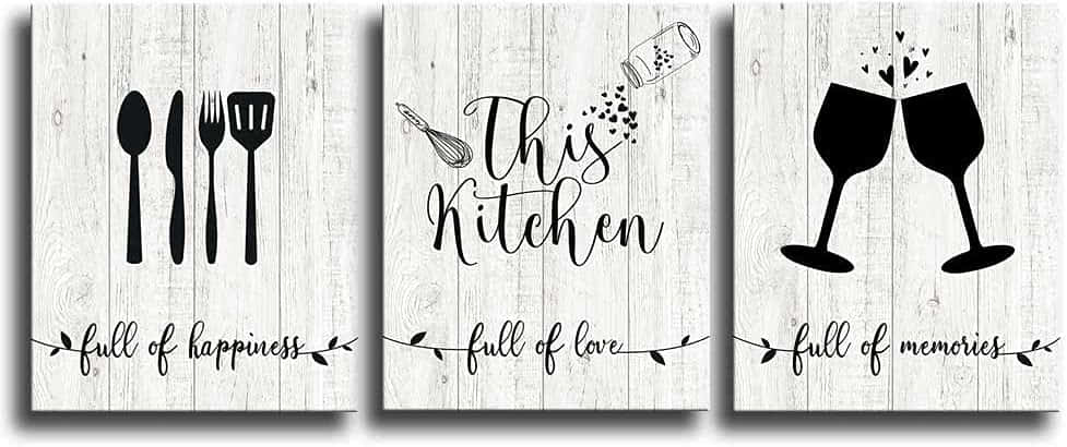 Three Kitchen Wall Art Prints With A Knife, Fork And Wine Glasses